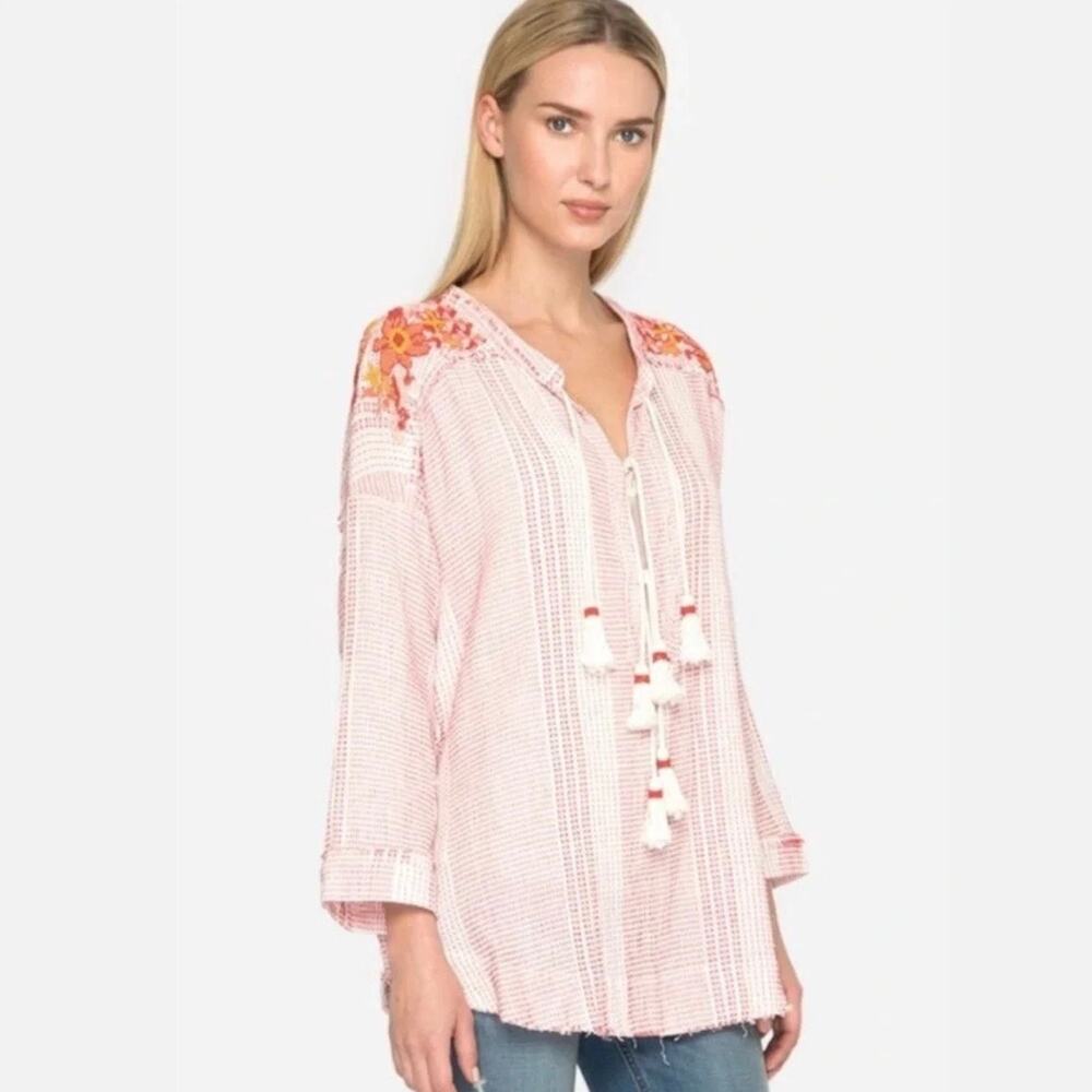 JOHNNY WAS Jacque Embroidered Beaded Tunic Top White Red Medium M
